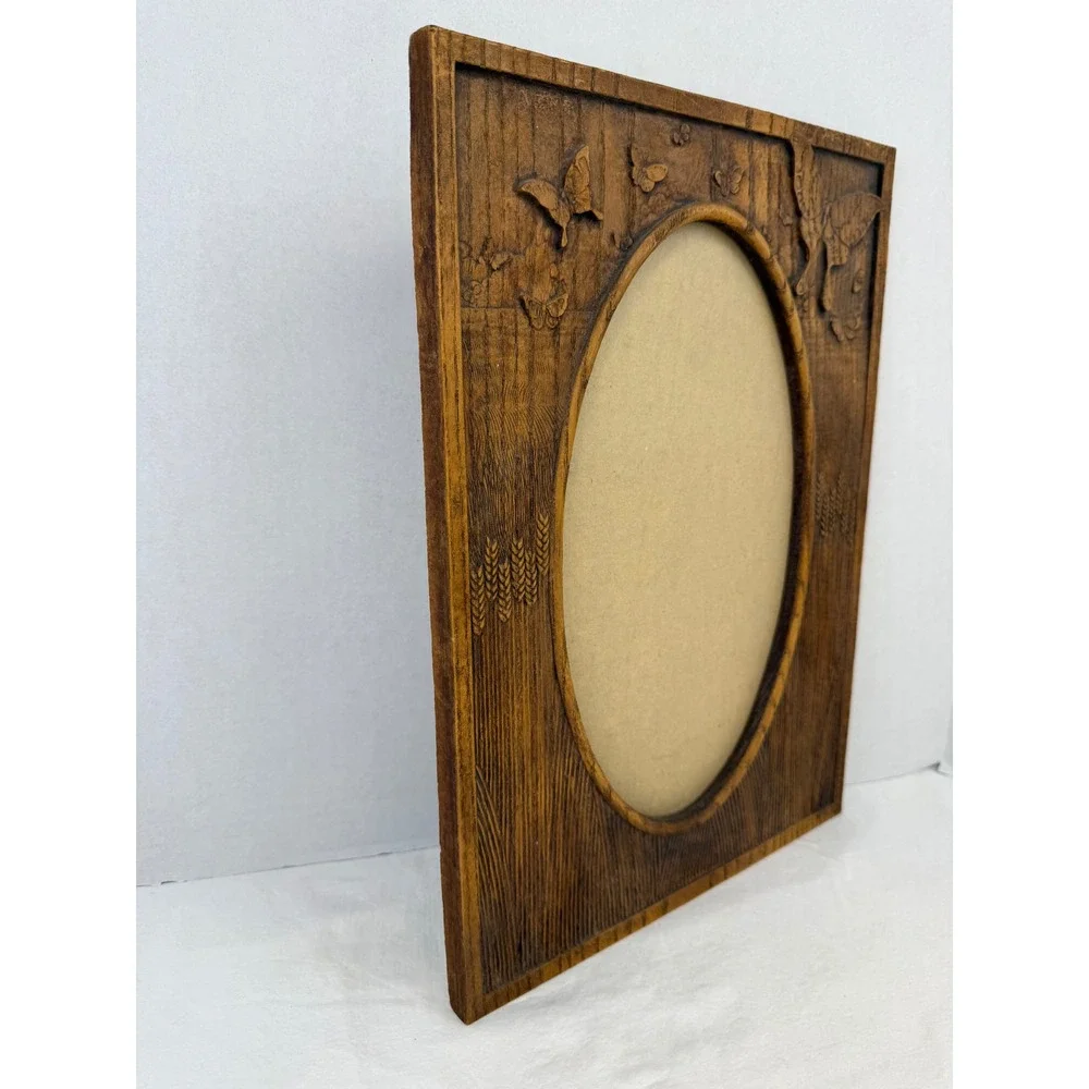 Vintage Faux Wood Resin Butterfly Wheat Oval‎ Picture Frame Rustic Cottagecore